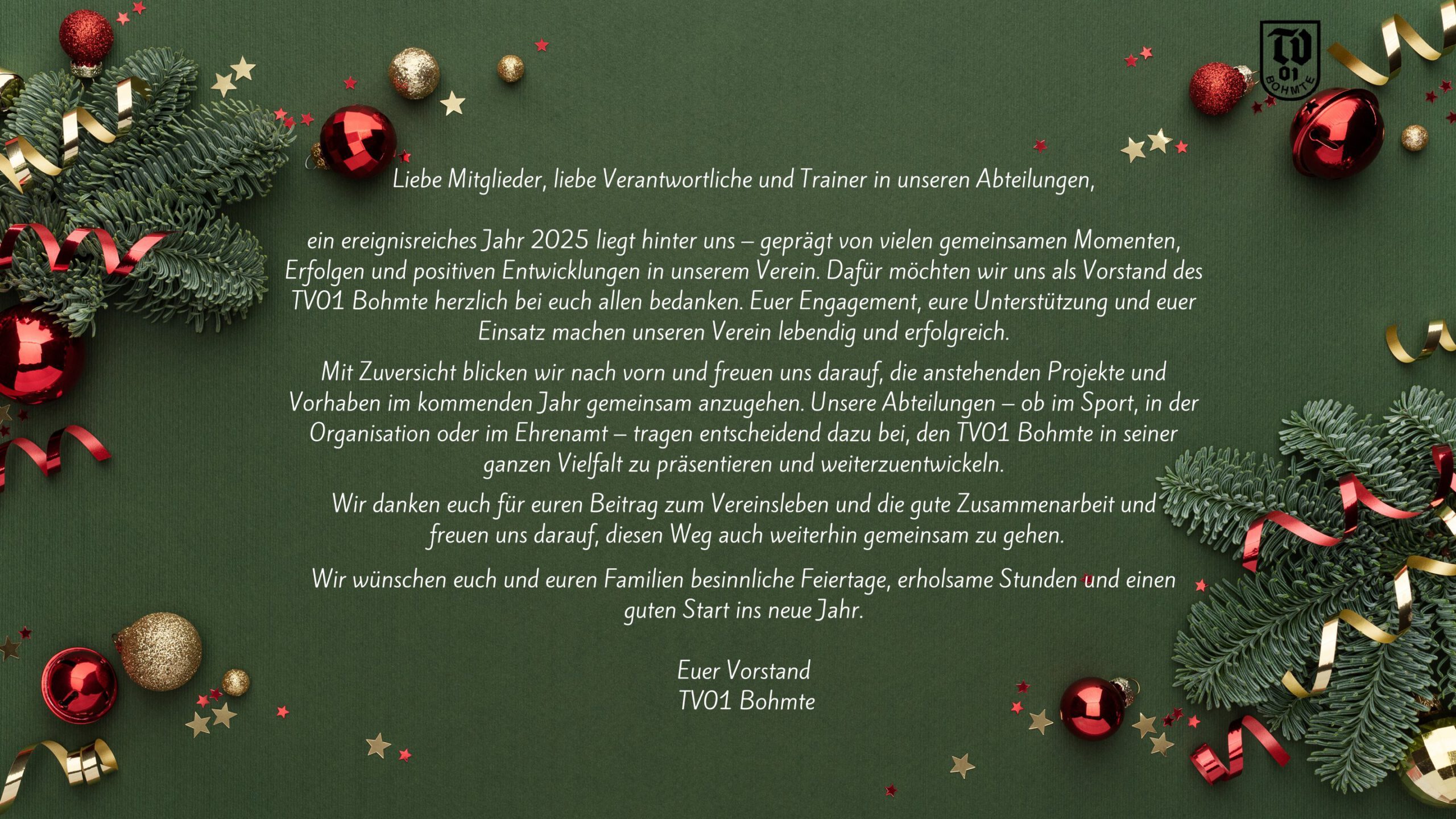 Ein frohes Weihnachtsfest wünscht der Vorstand